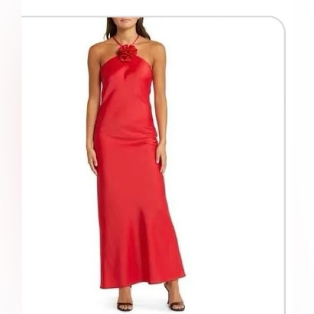 LUCY PARIS red silky like dress with flower choker. Worn once.